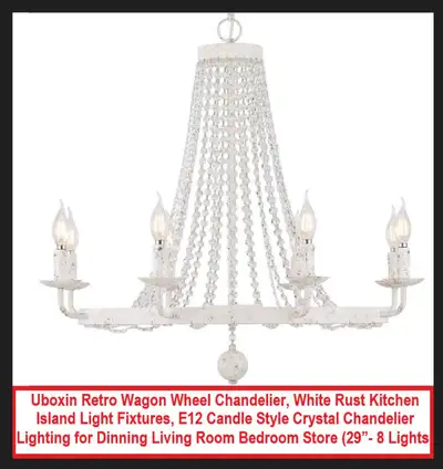 (NEW) Retro Wagon Wheel Crystal Chandelier 29” White (8x E12), View more