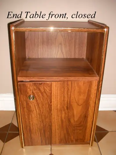 End Table, brown wood, top-shelf-cupboard, overall 24x15x12”, View more