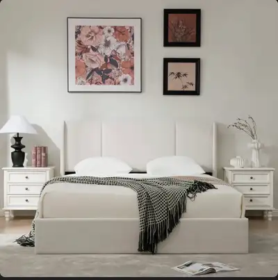 Lit coffre plateforme tapissier à oreilles Juanetta - Off White, View more