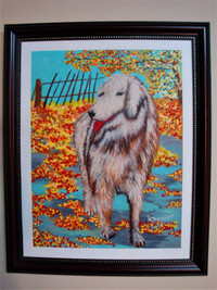 Acrylic painting, Shaggy Dog on Fall Walk