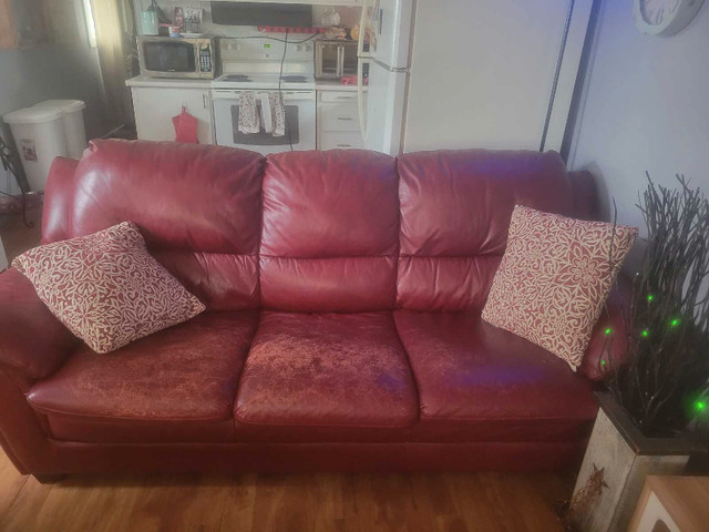 Red genuine leather sofa & matching chair.  in Chairs & Recliners in Annapolis Valley
