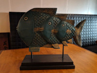 Fish on a stand carved wood sculpture 