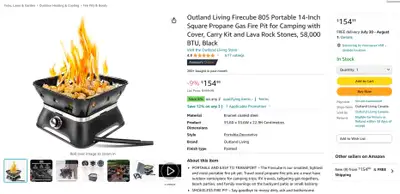 Outland Portable 14 inch Propane Gas firepit,unused,new in box. Model #805 Cover, lava rock stones,...