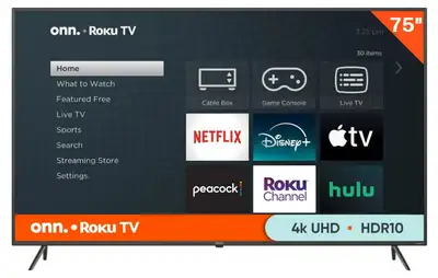 ONN 75” 4K UHD Roku Smart TV | Open Box | 90-Day Warranty, View more