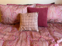 Queen bedding cover, frames, cushions, lamp