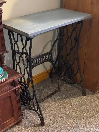 ANTIQUE SINGER STEEL BASE SEWING TABLE CONVERTED, View more