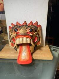 Vintage Bali Barong Wood Wall Mask Hand Carved and Painted Made