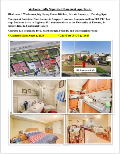 1Bedroom, 1 Washroom, big Living Room, Kitchen, Private Laundry, 1 Parking Spot Address: 138 Braymor...