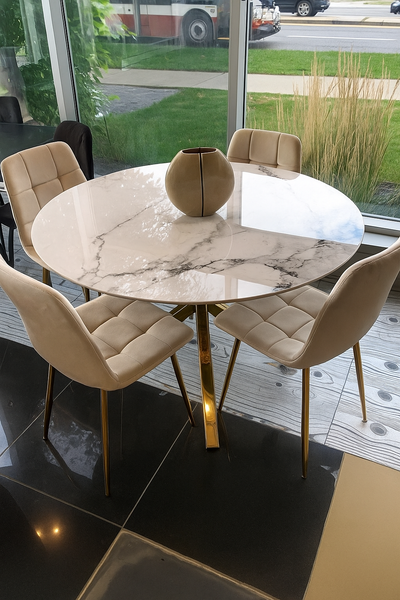 Glam Gold Base Marble-Look Dining Table with Chairs Set, View more