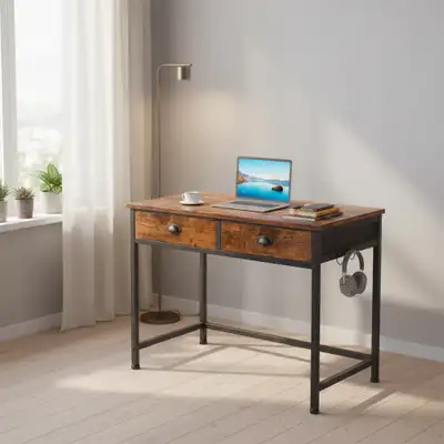 35" Industrial Computer Desk with 2 Drawers & Side Hooks, Rustic, View more