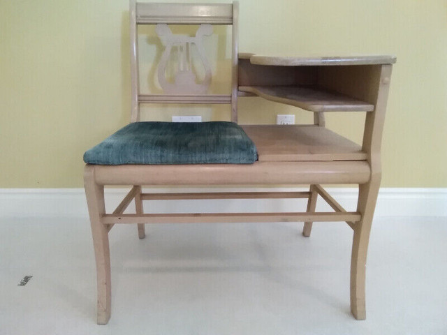 Mid Century Gossip Bench Telephone Table Lyre Harp Back in Arts & Collectibles in Kawartha Lakes - Image 2