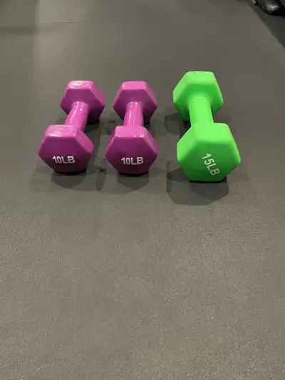 10lbs dumbbells and 15lbs dumbbell, View more