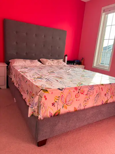 Ashley Queen size upholstered bed. Includes headboard, footboard and rails Engineered wood frame Pol...