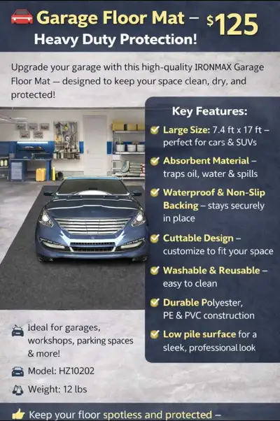 GarageFloor Mat, 7.4’ x 17’ Cutable Washable Absorbent Oil Spill, View more
