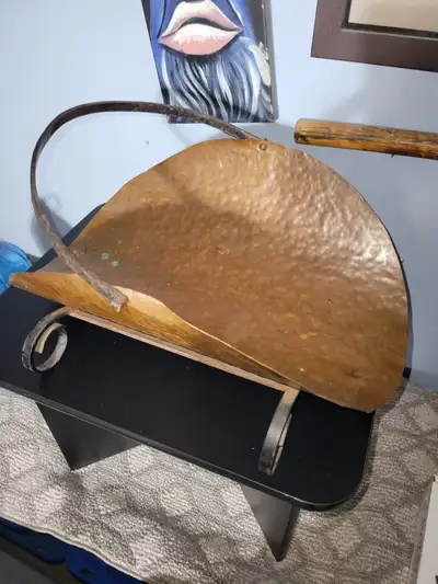 Old Antique Pouded Copper Fireplace Log Basket Steel legs handle, View more