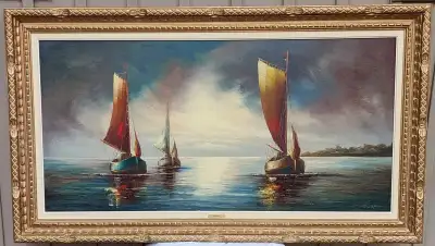 Theo Beckmann oil painting frame size = 55.75"W x 32"H picture size = 48"W x 24"H Asking $50 Pickup...