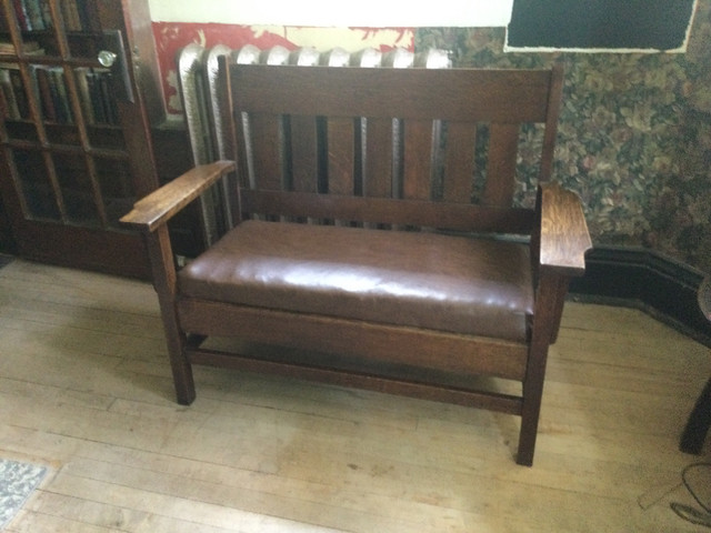 L.&J.G.Stickley Style Oak Arts Crafts Open Arm Loveseat, 1900 in Arts & Collectibles in Edmonton