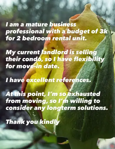 I am a mature, reliable business professional actively seeking a 2-bedroom rental unit with a monthl...