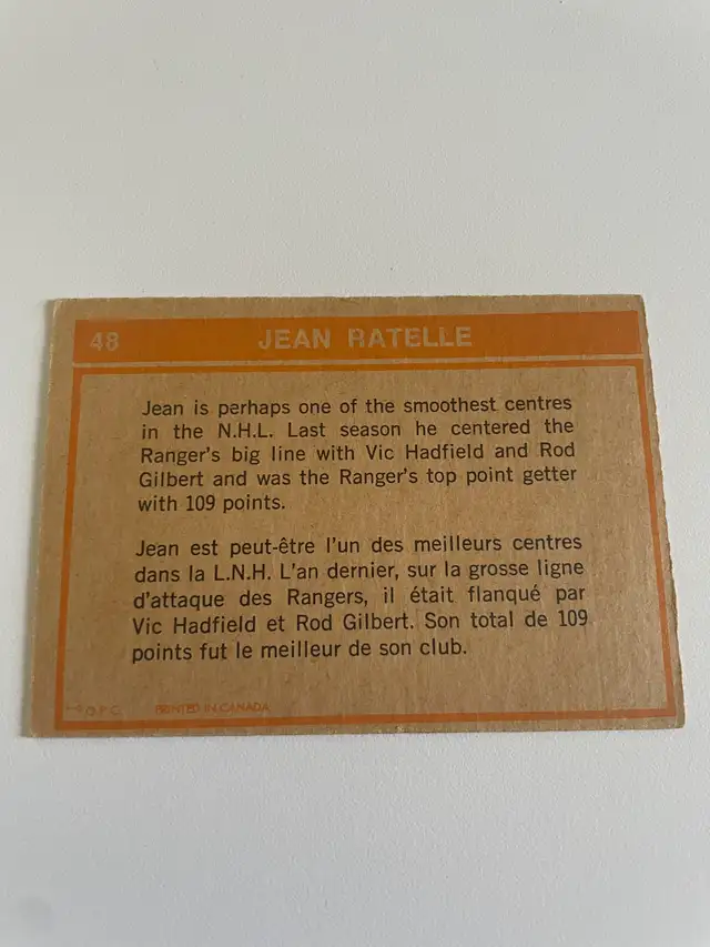 1972-73 O-PEE-CHEE HOCKEY CARD JEAN RATELLE #48 RANGER DEFENSE in Arts & Collectibles in Saint-Jean-sur-Richelieu - Image 3