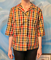 Vintage Red Black Check Shirt Button Up 50s Top Retro Blouse