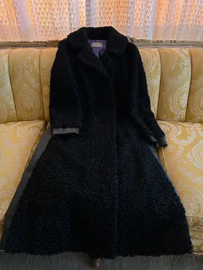 Vintage long black Parisian Fur & leather coat for sale, View more