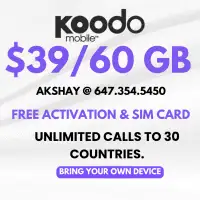 Koodo Mobile Deal $39/60GB - Unlimited Calls to India/USA/UK