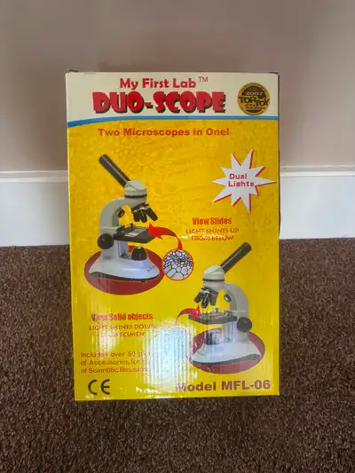 Youth microscope. Comes with slides, scientific tools etc. Knew it’s $130. Will take $70 obo