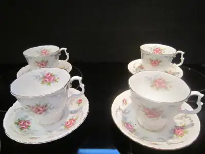 $55.00 for the pieces listed below of Royal Albert TRANQUILITY fine bone china 4 tea cup & saucer se...
