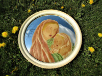 Rare Vintage Convex Mirror w/ inside Hand-Painted Mother & Baby