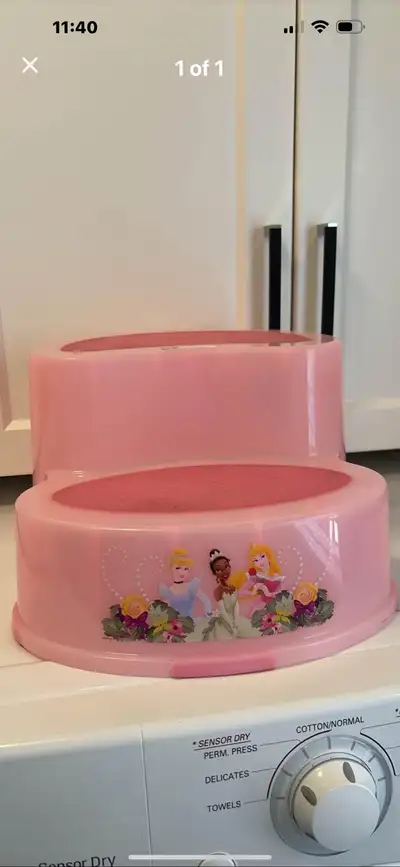 ￼ Pink Two step stool with nonslip grip on steps and on bottom base $15 “Princess theme” In great co...