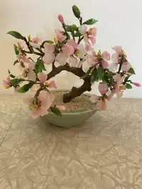 Vintage Chinese Pink & Jade Stone Glass Bonsai Flower Tree