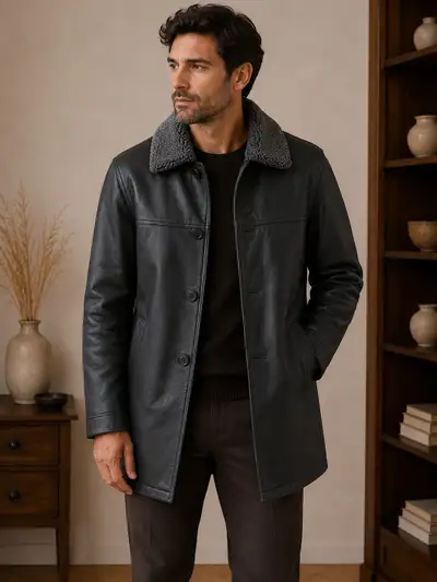 Men’s Black Sherpa Collar Leather Jacket, View more