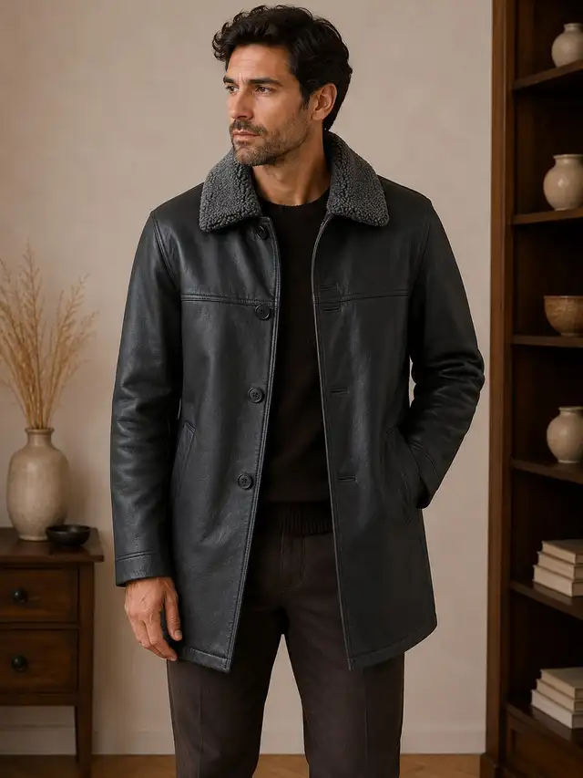 Men’s Black Sherpa Collar Leather Jacket in Men's in Oshawa / Durham Region - Image 2