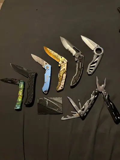 Multi-tool: $15, Gold knife: $15, Grey knife: $30, Blue knife: $5, Black knife: $10, Green knife: $5...