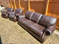 Ethan Allen Warm Brown Leather Sofa + Chairs