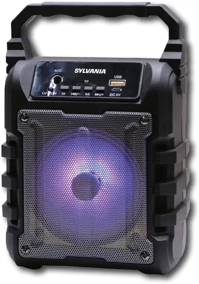 Sylvania SP389 Wireless Bluetooth Speaker LED lights and changes, View more