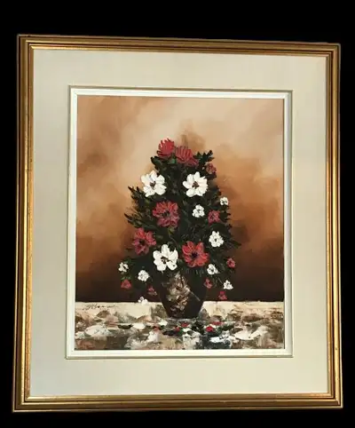 Philippe Rhéaume, IAC (Canadian, 1933- 2005) Red Flowers in Vase Impasto Oil Painting on Board 20" x...