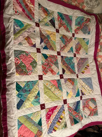 homemade patchwork hand stitched baby quilt, 63”x52”, View more