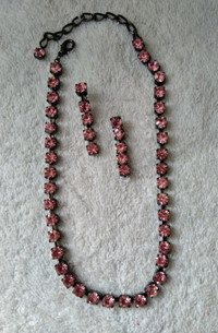 Vintage Necklace and Earring Set with dark pink Crystal stones