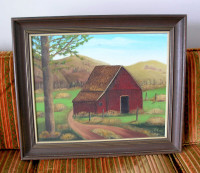 Rural Landscape Folkart Oil Painting on Canvas (Signed)