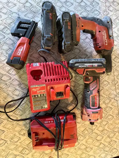 Newer screw gun only has 1 month of use same with Milwaukee router. 2 hilti batteries 2 amp and 4 am...