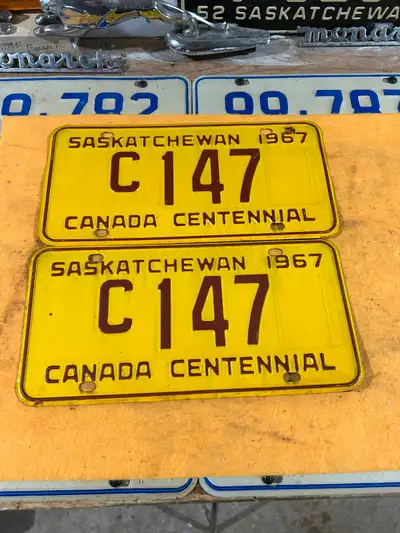 Nice matching pair 1967 commercial 3 digit plates. $150 phone or text 306-960-2052