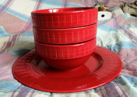 4 pcs red ceramic stacked cereal bowls and plate