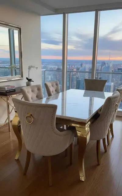 White Marble Dining Table with Gold Legs and Beige Chairs, View more