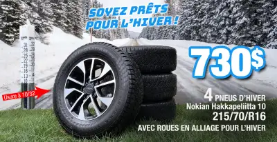 4 pneus hiver Nokia Hakkapeliitta 10. 215/70/R16, avec roues en alliage pour l’hiver. Usure à seulem...