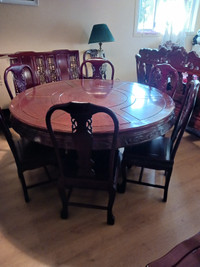 Table à manger ronde avec 6 chaises en bois acajou