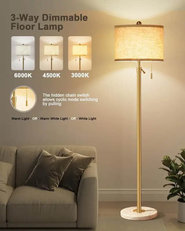 Floor Lamp Living Room Standing Marble Base 3 Way Dimmable Gold in Indoor Lighting & Fans in Oshawa / Durham Region - Image 6
