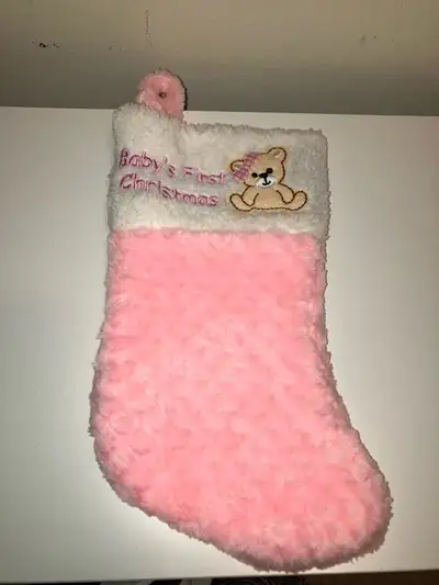 Baby's First Christmas Stocking Pink White Fluffy, View more
