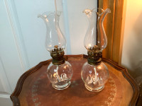 Vintage Matching Pair of Glass Oil Lamps