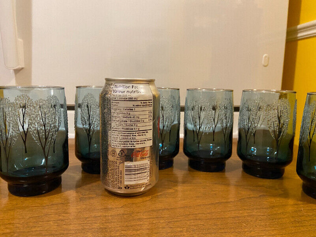 Rare 6 Vintage Smokey Blue Juice Glasses with Raised Trees in Arts & Collectibles in Oshawa / Durham Region - Image 3